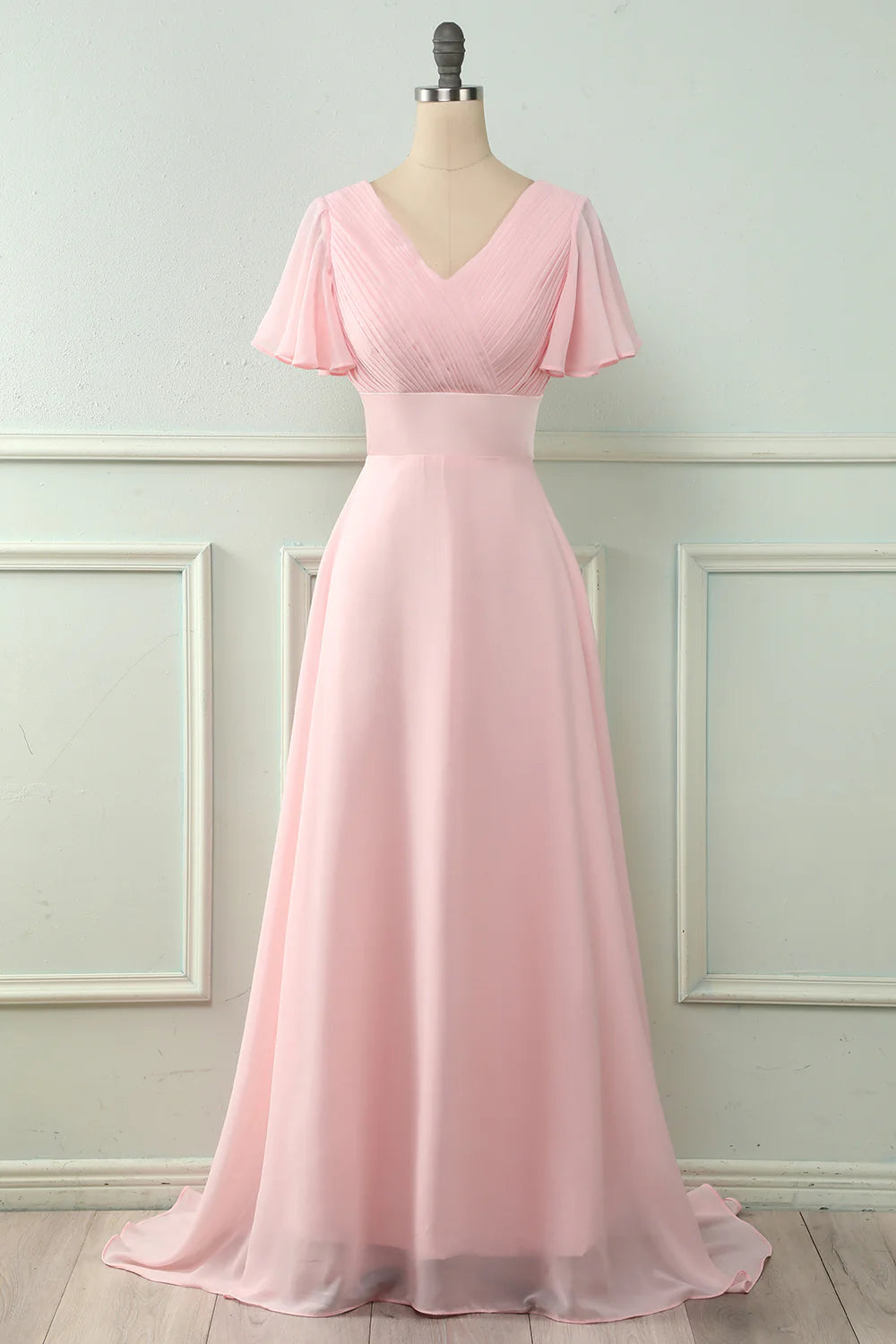 Blushing Pink Chiffon A-Line V-Neck Floor-Length Bridesmaid Dress