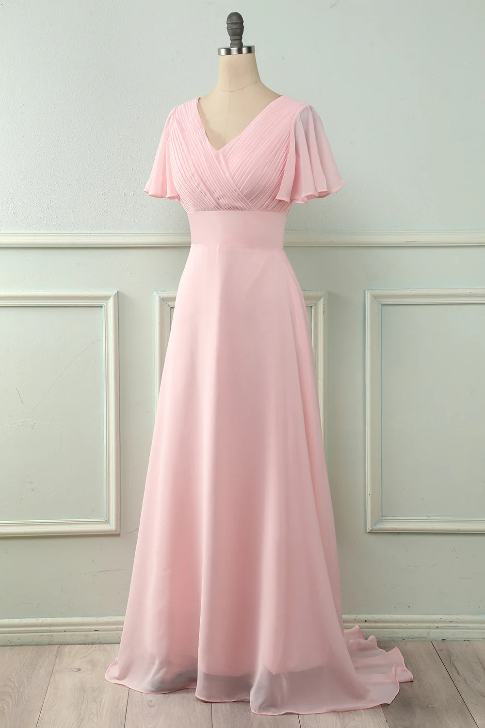 Blushing Pink Chiffon A-Line V-Neck Floor-Length Bridesmaid Dress