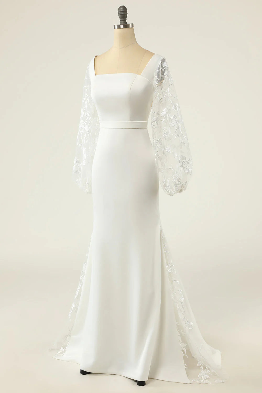 Vestido de novia blanco de cola de pez, de manga larga y largo hasta el suelo, sin espalda