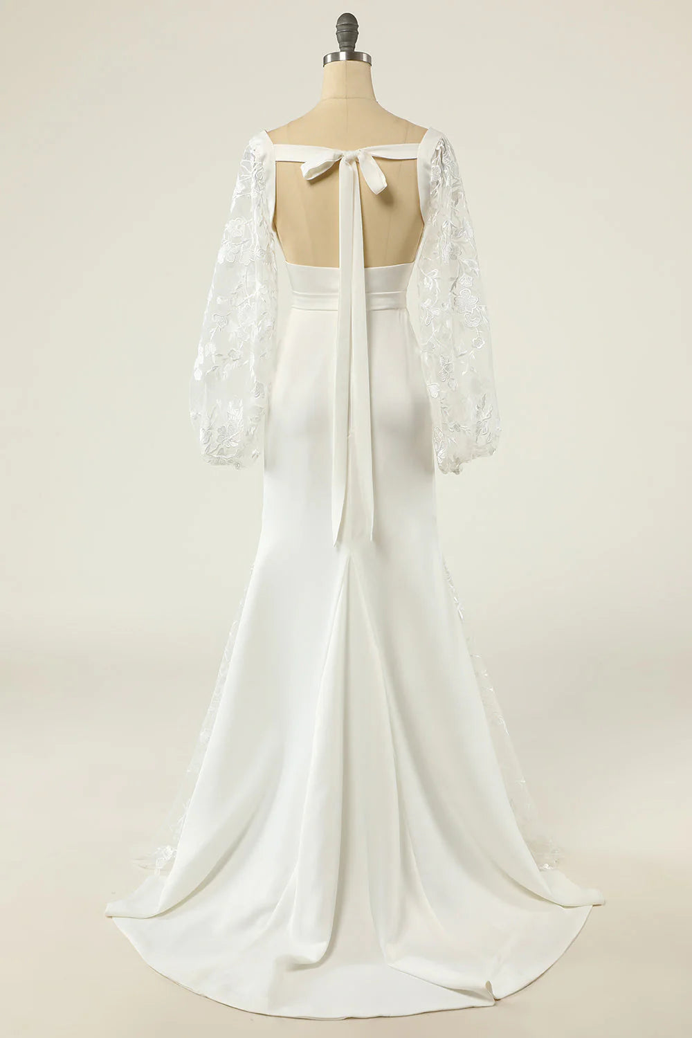 Ivory Satin Square Neck Sheath/column Floor-Length Bridesmaid Dress with Lace Long Sleeves