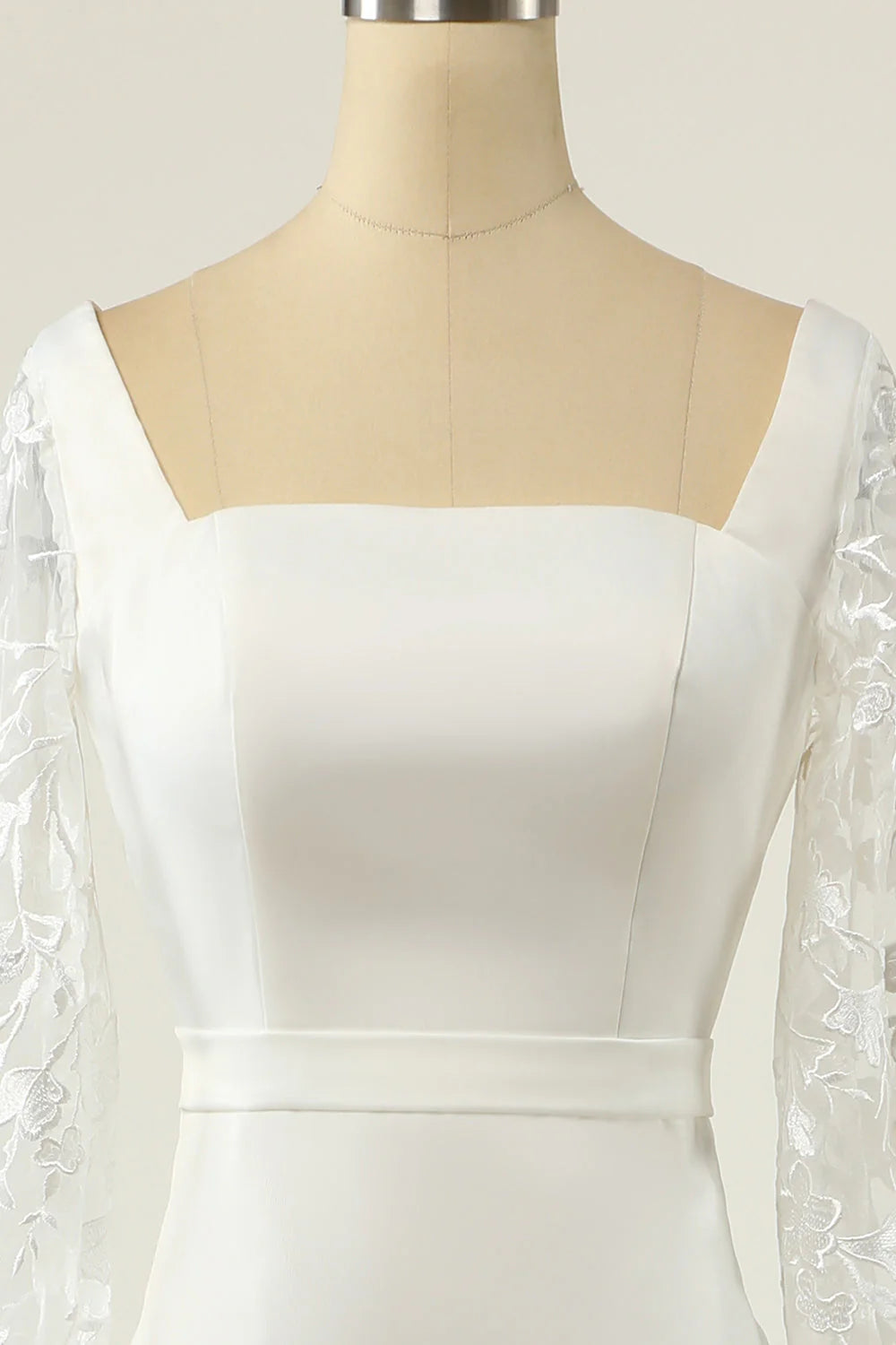 Ivory Satin Square Neck Sheath/column Floor-Length Bridesmaid Dress with Lace Long Sleeves