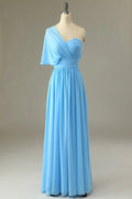 Sky Blue Chiffon One Shoulder A-Line Floor-Length Bridesmaid Dress
