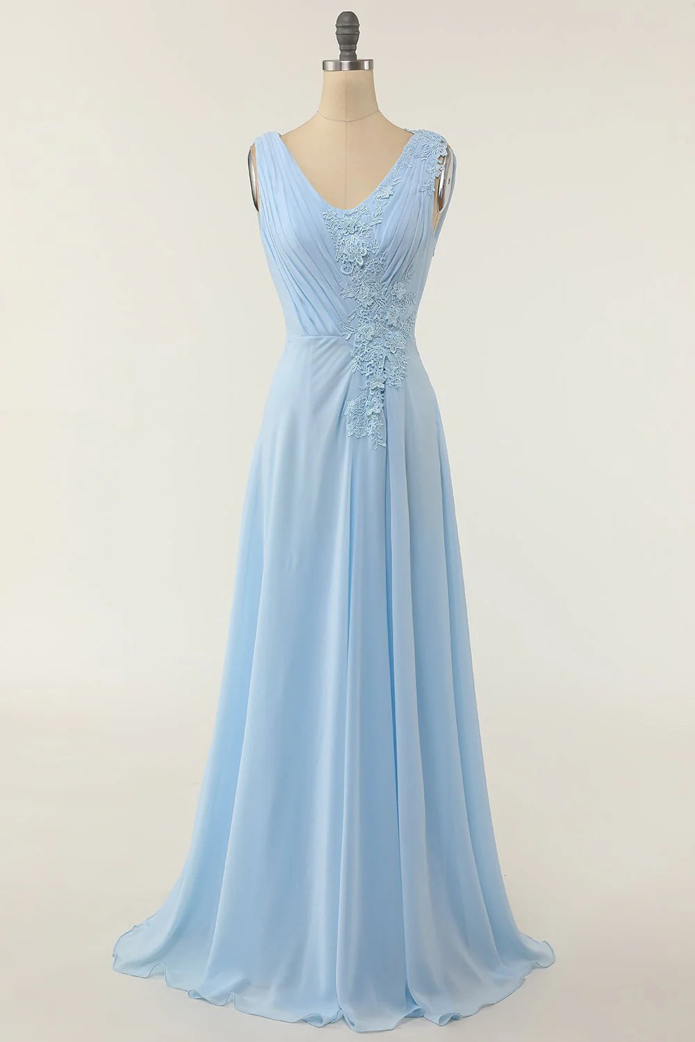 Sky Blue Chiffon A-Line Floor-Length Bridesmaid Dress with Pleated V-Neck