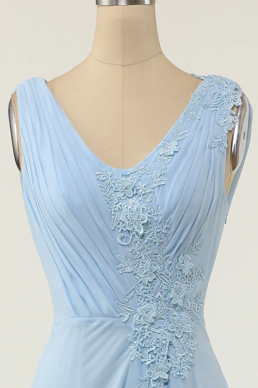 Sky Blue Chiffon A-Line Floor-Length Bridesmaid Dress with Pleated V-Neck