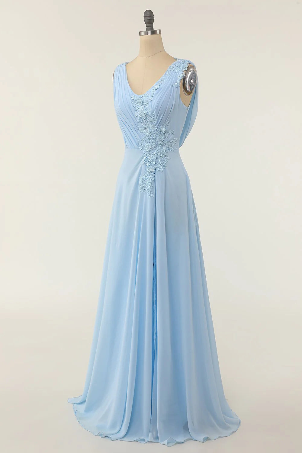Sky Blue Chiffon A-Line Floor-Length Bridesmaid Dress with Pleated V-Neck
