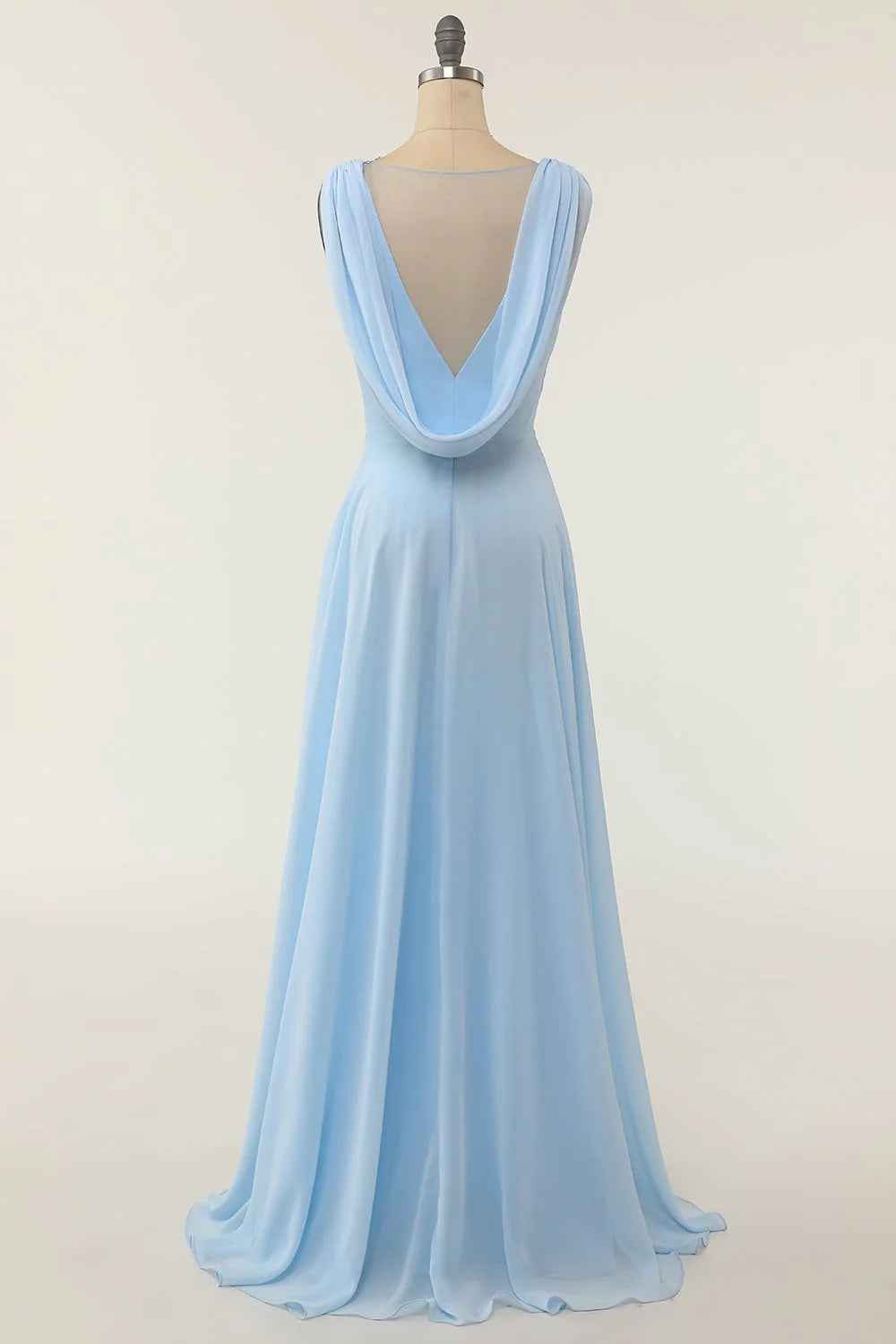 Sky Blue Chiffon A-Line Floor-Length Bridesmaid Dress with Pleated V-Neck