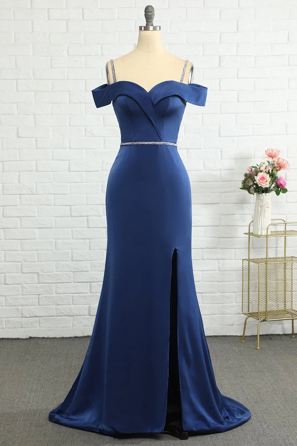 Dark Navy Satin Off-the-Shoulder Mermaid Floor-Length Bridesmaid Dress with High Slit