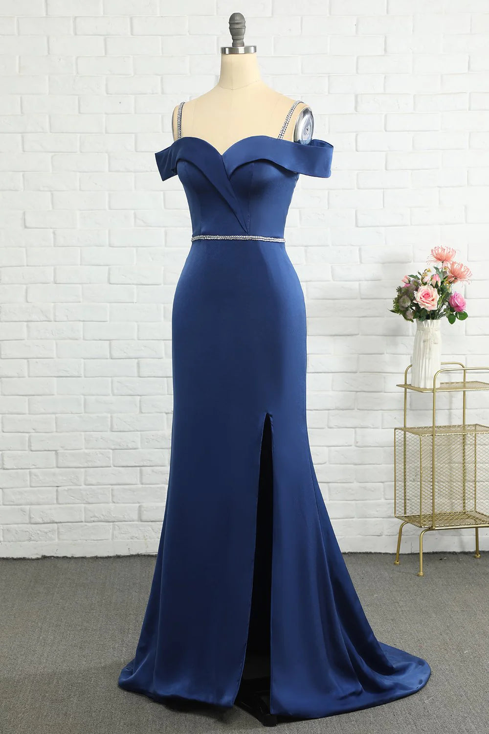 Dark Navy Satin Off-the-Shoulder Mermaid Floor-Length Bridesmaid Dress with High Slit