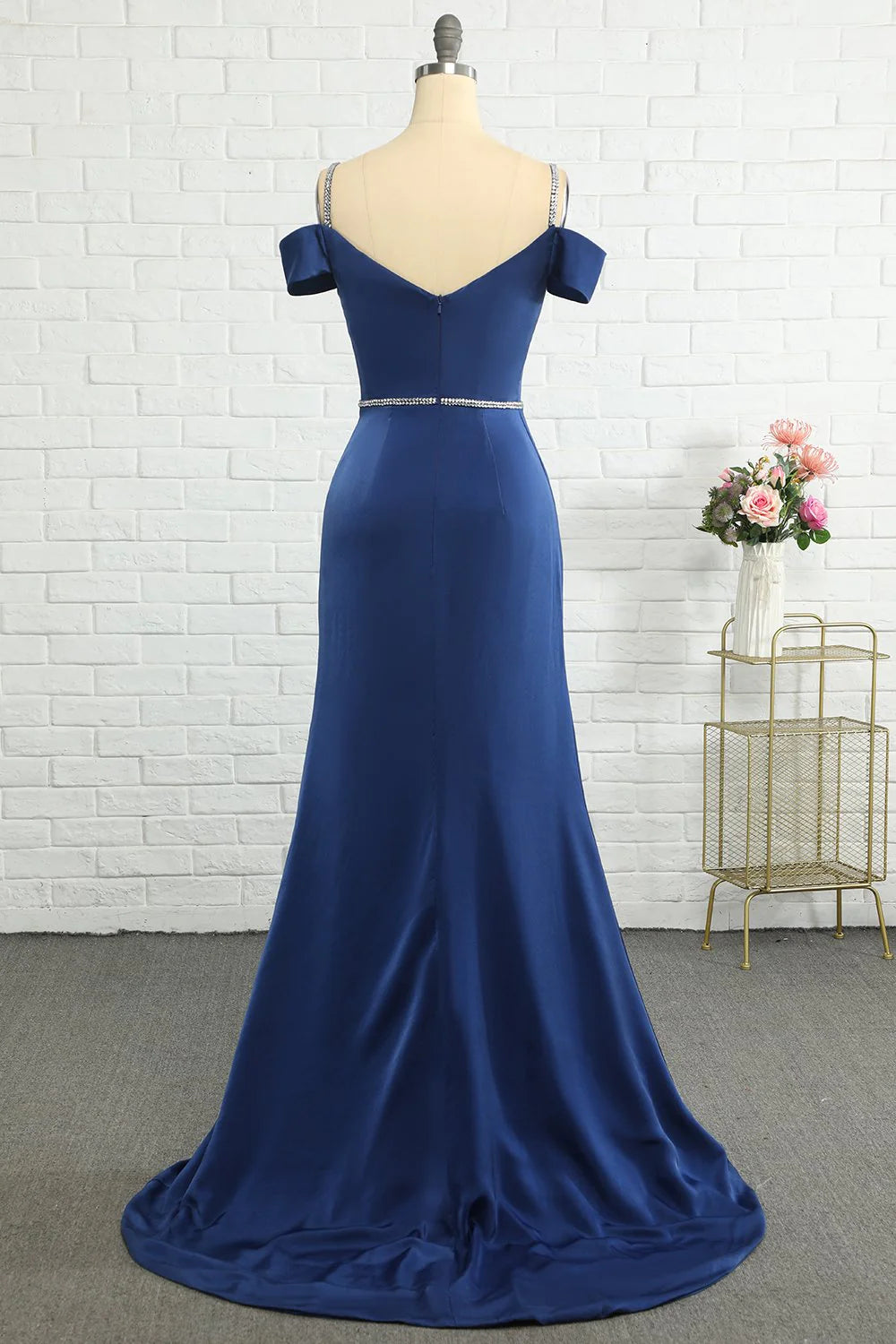 Dark Navy Satin Off-the-Shoulder Mermaid Floor-Length Bridesmaid Dress with High Slit