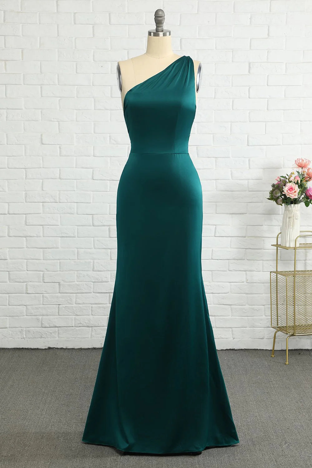 Forest Green Satin One Shoulder Mermaid Floor-Length Bridesmaid Dress