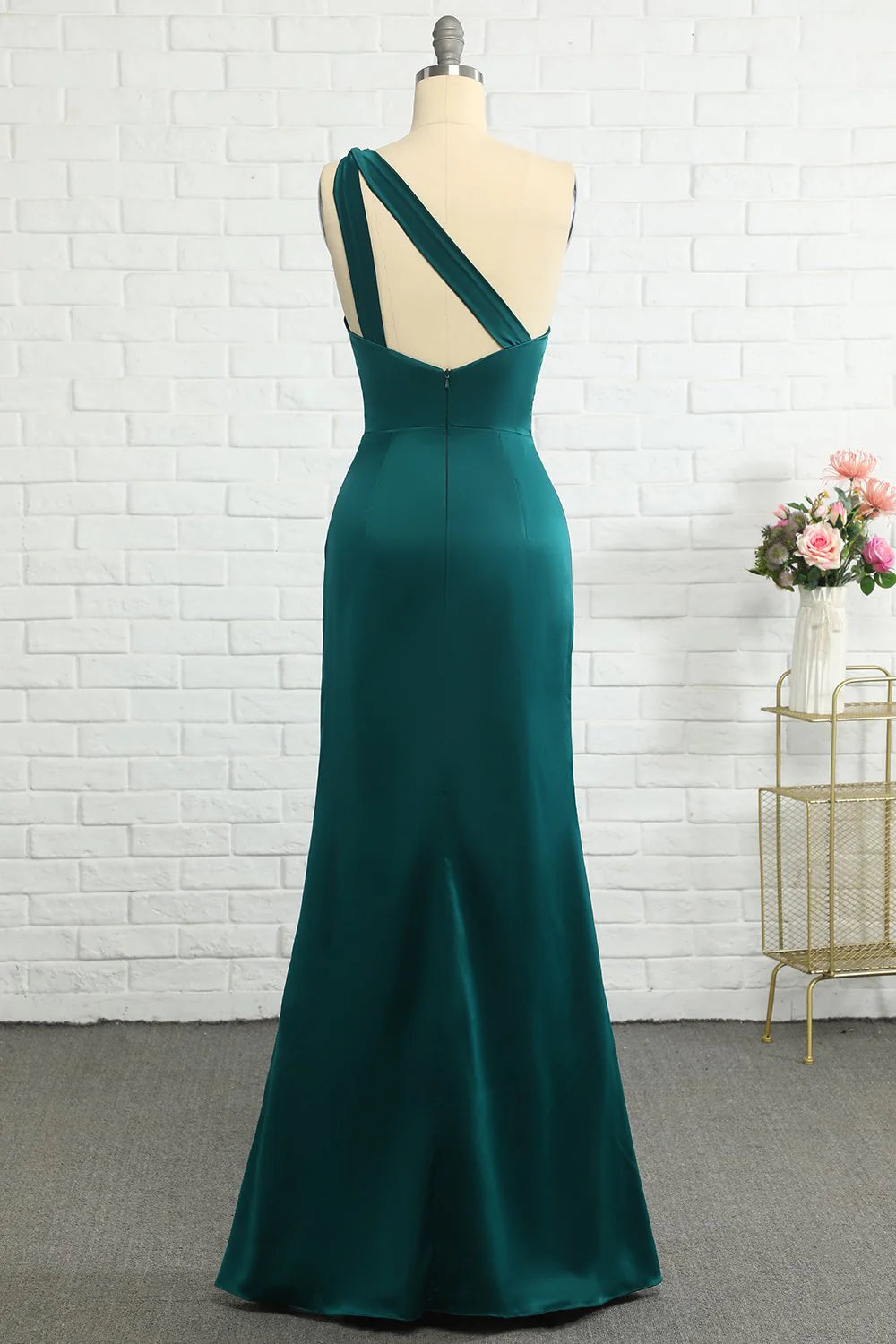 Forest Green Satin One Shoulder Mermaid Floor-Length Bridesmaid Dress