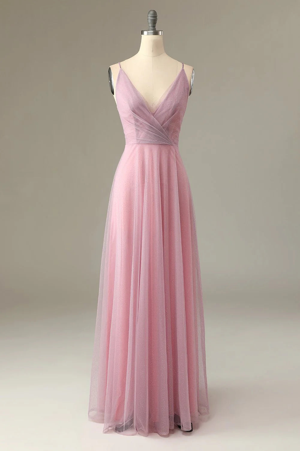 Pink Glitter Fabric A-Line Floor-Length V-Neck Bridesmaid & Prom Dress