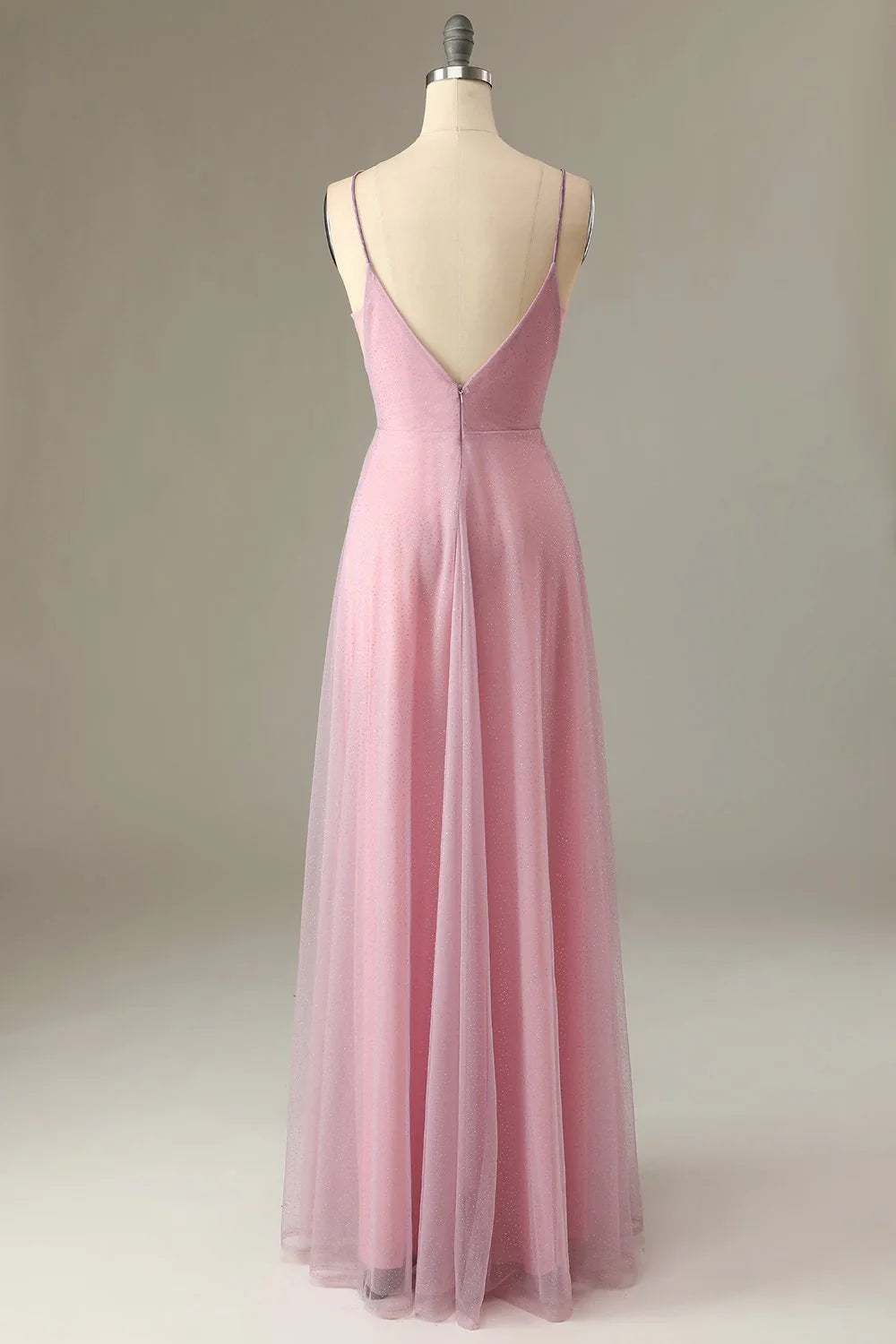 Pink Glitter Fabric A-Line Floor-Length V-Neck Bridesmaid & Prom Dress