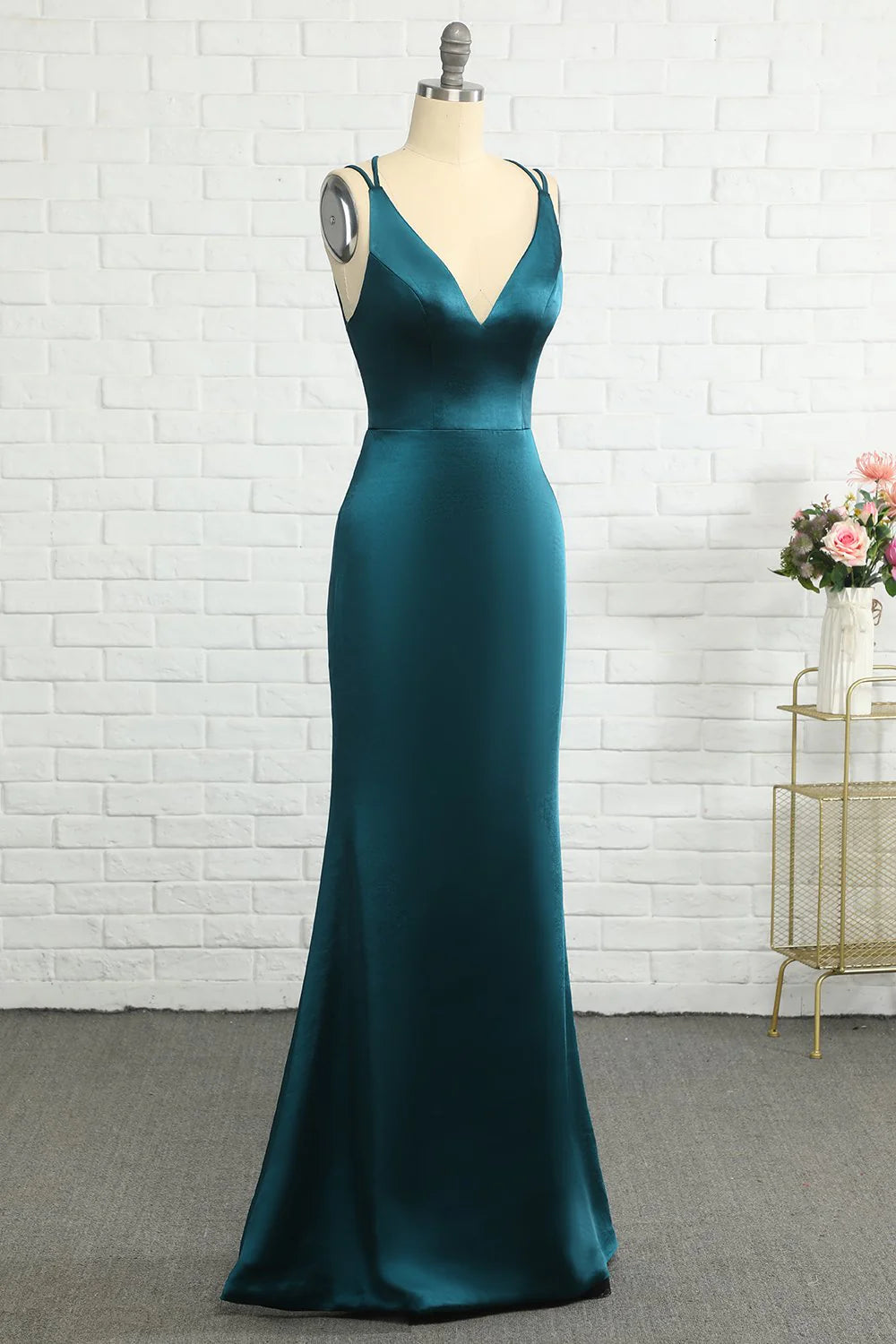 Peacock Blue Fish Tail Open Back Long Bridesmaid Dress