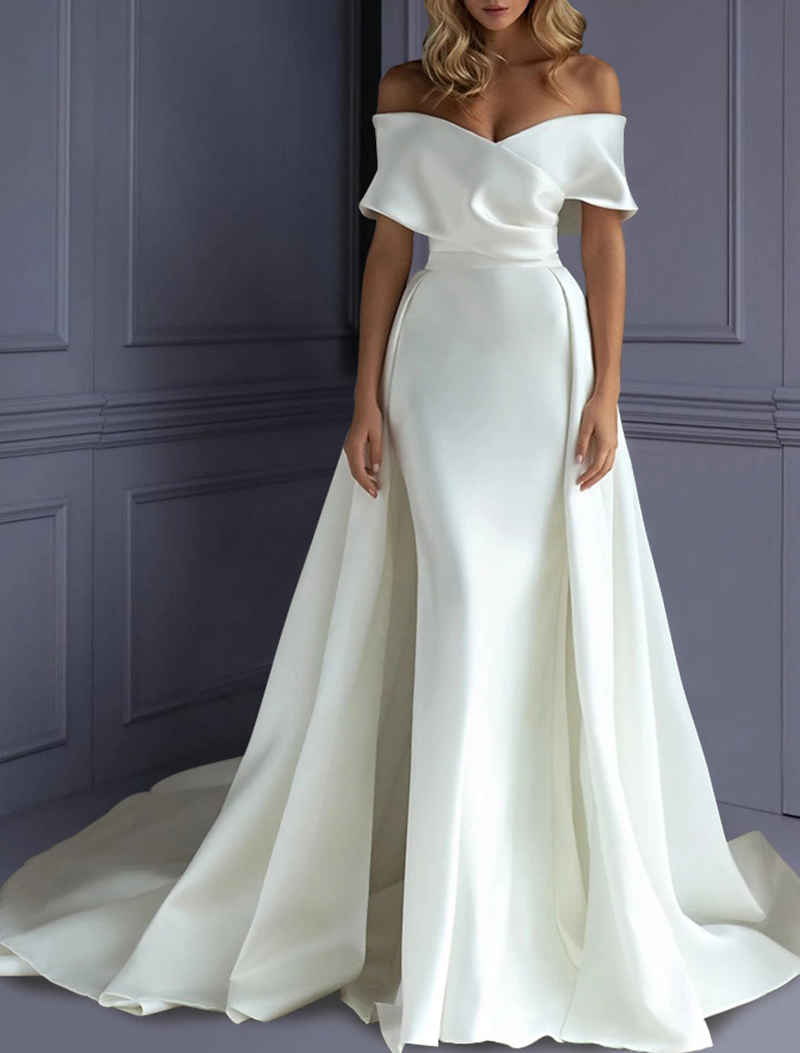 Vestidos de novia formales de playa, corte sirena/trompeta, escote corazón, hombros descubiertos, sin mangas, cola larga/cepillo, vestidos de novia de satén con color sólido