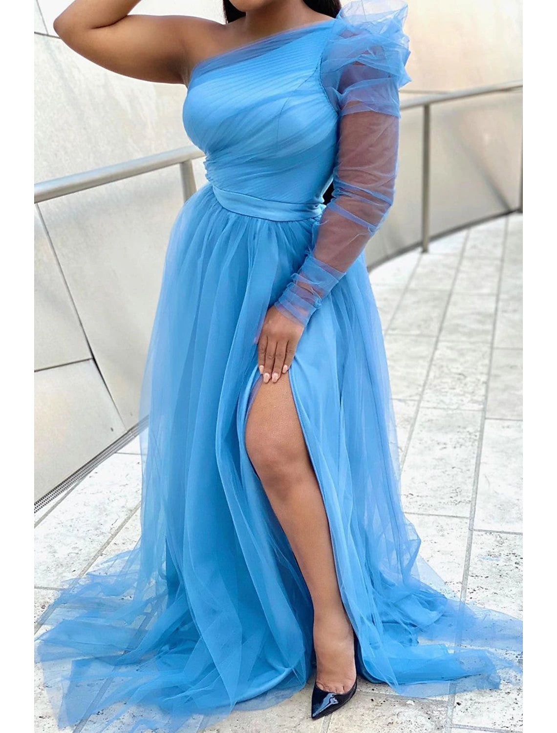 Vestidos de fiesta de corte A, talla grande, para invitados de boda, formales, de noche, con cola larga, de un solo hombro, de tul, con abertura, de la familia Addams, color puro