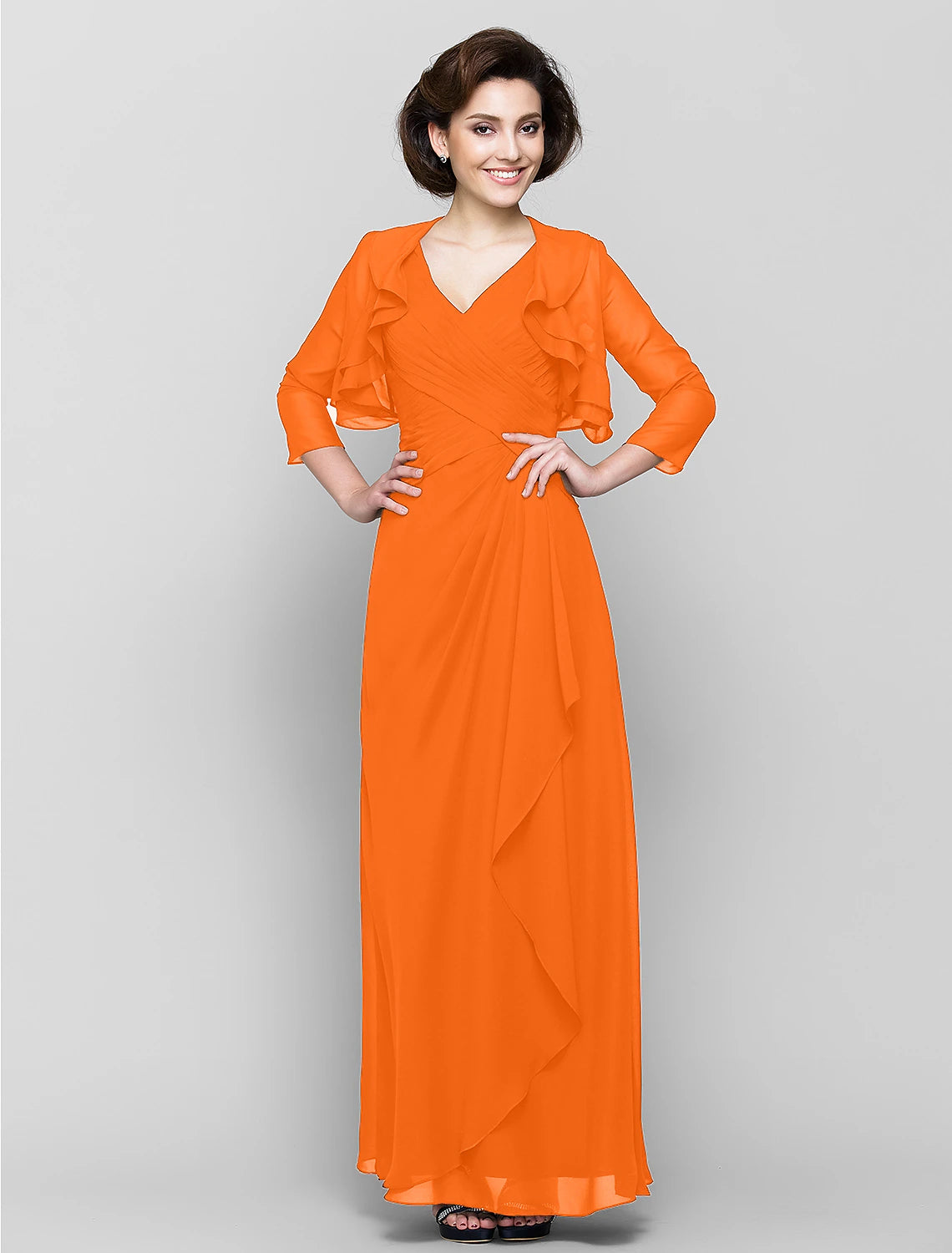 Abito da madre della sposa a tubino/colonna, abito convertibile, scollo a V, lunghezza pavimento, in chiffon, manica a 3/4 con volant a cascata incrociati