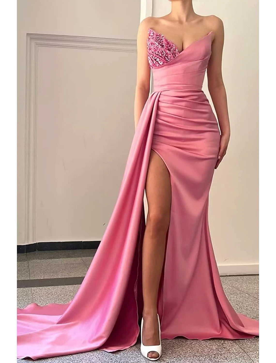 Mermaid / Trumpet Prom Dresses Sexy Dress Formal Prom Court Train Sleeveless V Neck  Satin Backless with Pleats Ruched Beading 2025