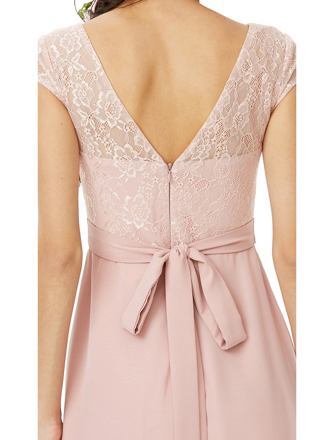 Vestido de dama de honor con corte tubo, escote barco, manga corta, elegante, largo hasta el suelo, de gasa, con encaje, fajín, cinta y lazo.