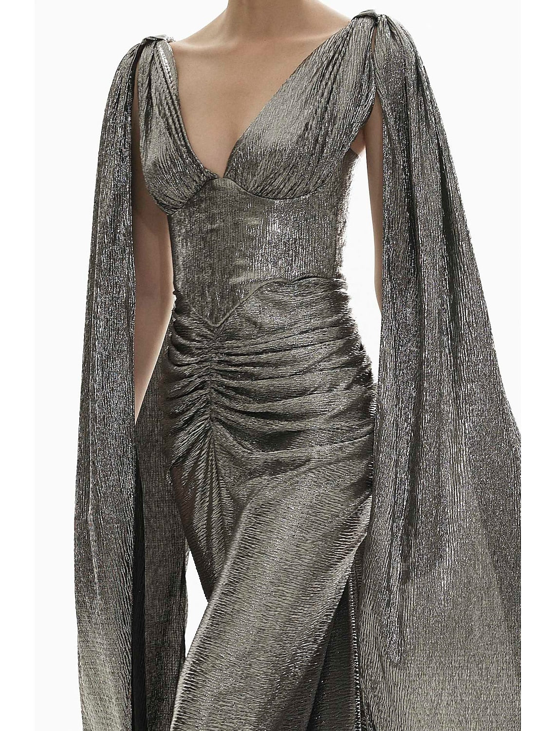 Vestido de noche elegante de sirena/trompeta, vestido formal de otoño, cola larga, cuello en V, lentejuelas y brillo fruncido.