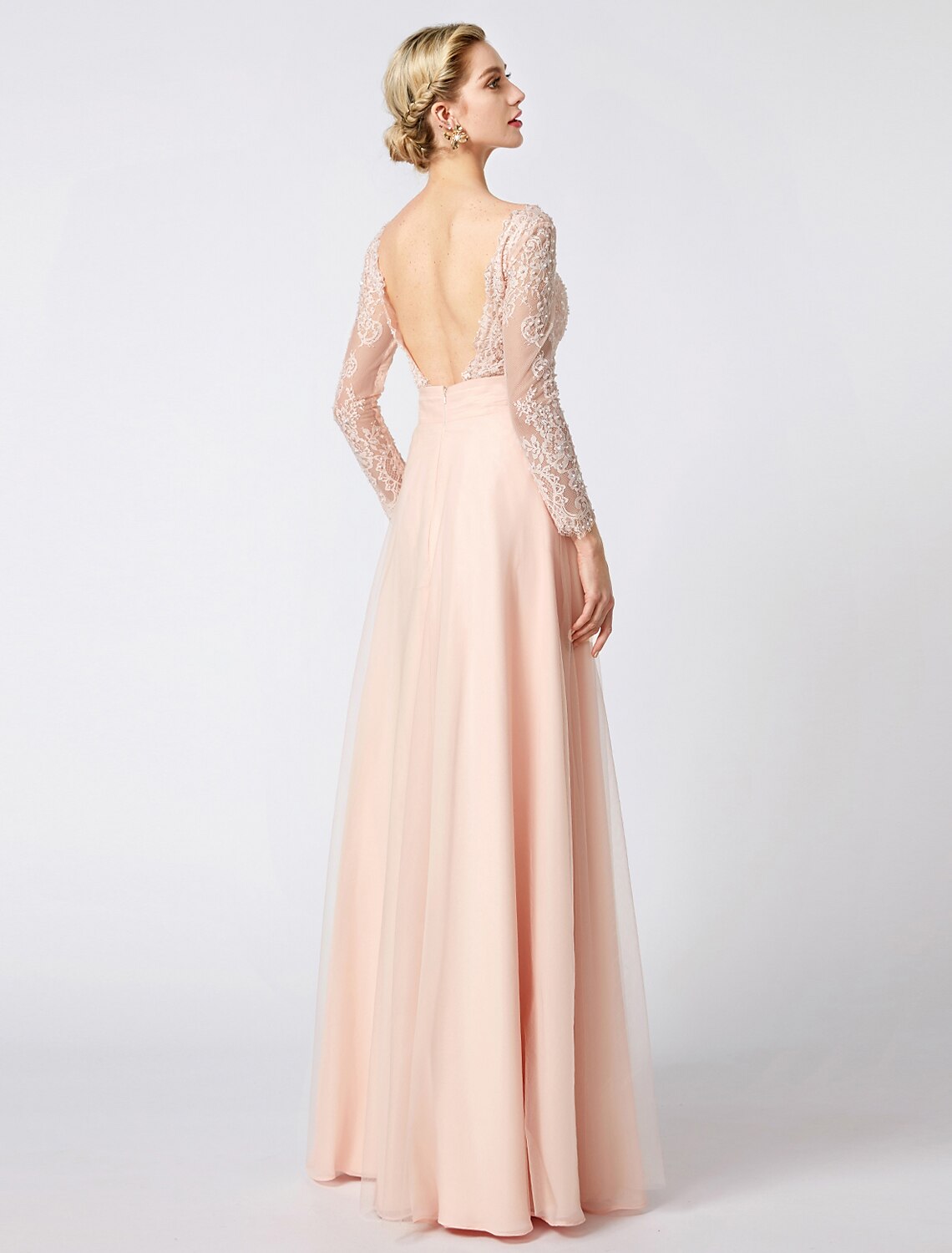 Ball Gown Pastel Colors Dress Holiday Cocktail Party Floor Length Long Sleeve V Neck Tulle Low Back with Beading Appliques