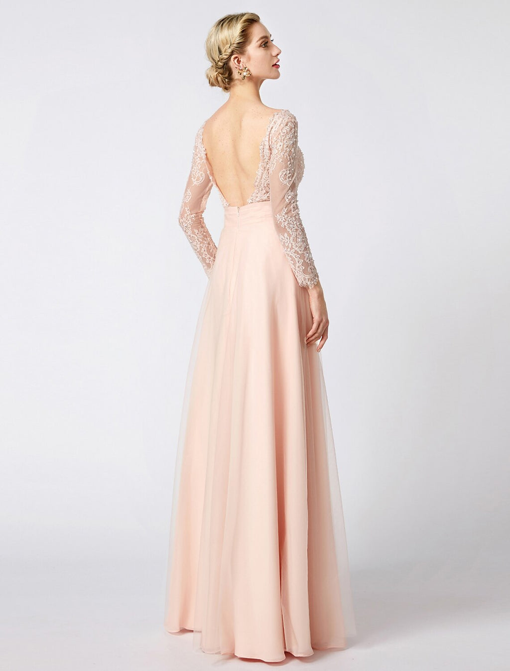 Blushing Pink A-Line Bridesmaid Dress with Lace Bodice & Long Sheer Sleeves