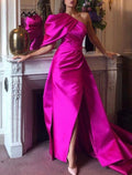 Vestido de noche de sirena/trompeta, sexy, de verano, con cola de corte, sin mangas, un hombro, para recepción de boda en otoño, de satén con abertura fruncida
