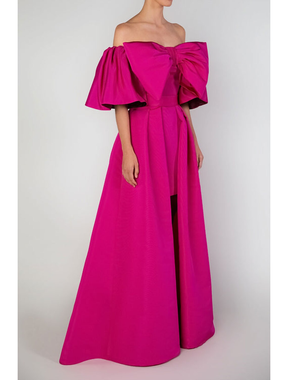 Abito da sera a trapezio, elegante, da sposa, cocktail party, lungo fino al pavimento, manica corta, spalle scoperte, taffetà staccabile con fiocco/i, gonna sopra