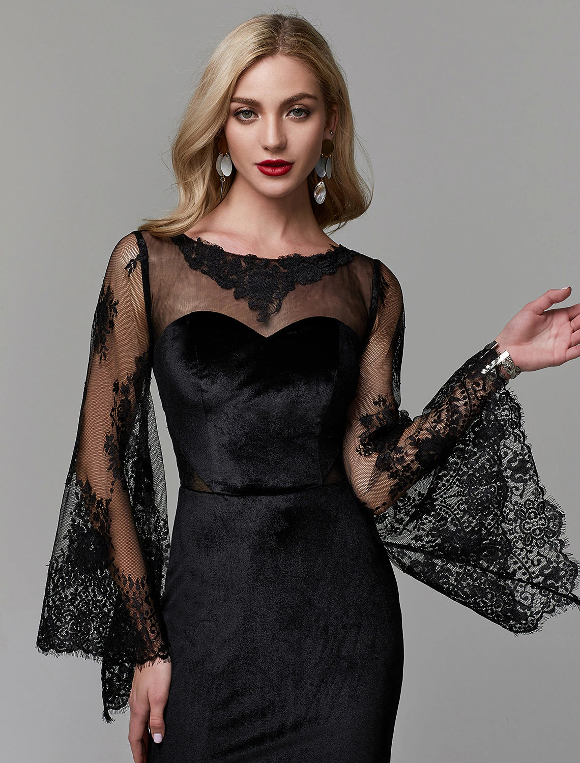 Abito elegante a tubino/colonna per invitati a nozze, fidanzamento, lunghezza al pavimento, maniche lunghe, scollo a V, pizzo con inserto in pizzo