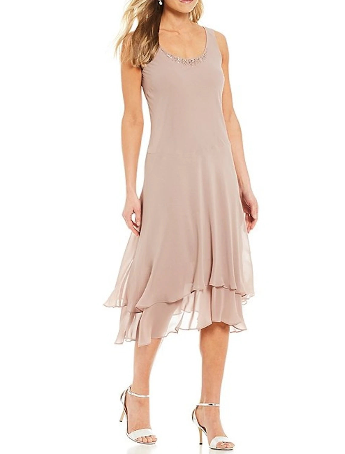 Abito da cerimonia per la madre della sposa in due pezzi, a trapezio, elegante, in chiffon, con scollo gioiello, lunghezza tè, maniche lunghe, con perline e volant a cascata