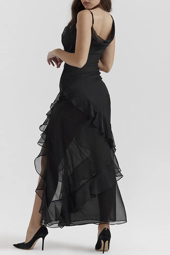 Black Satin Chiffon Asymmetrical A-Line Evening Dress with Cowl Neck