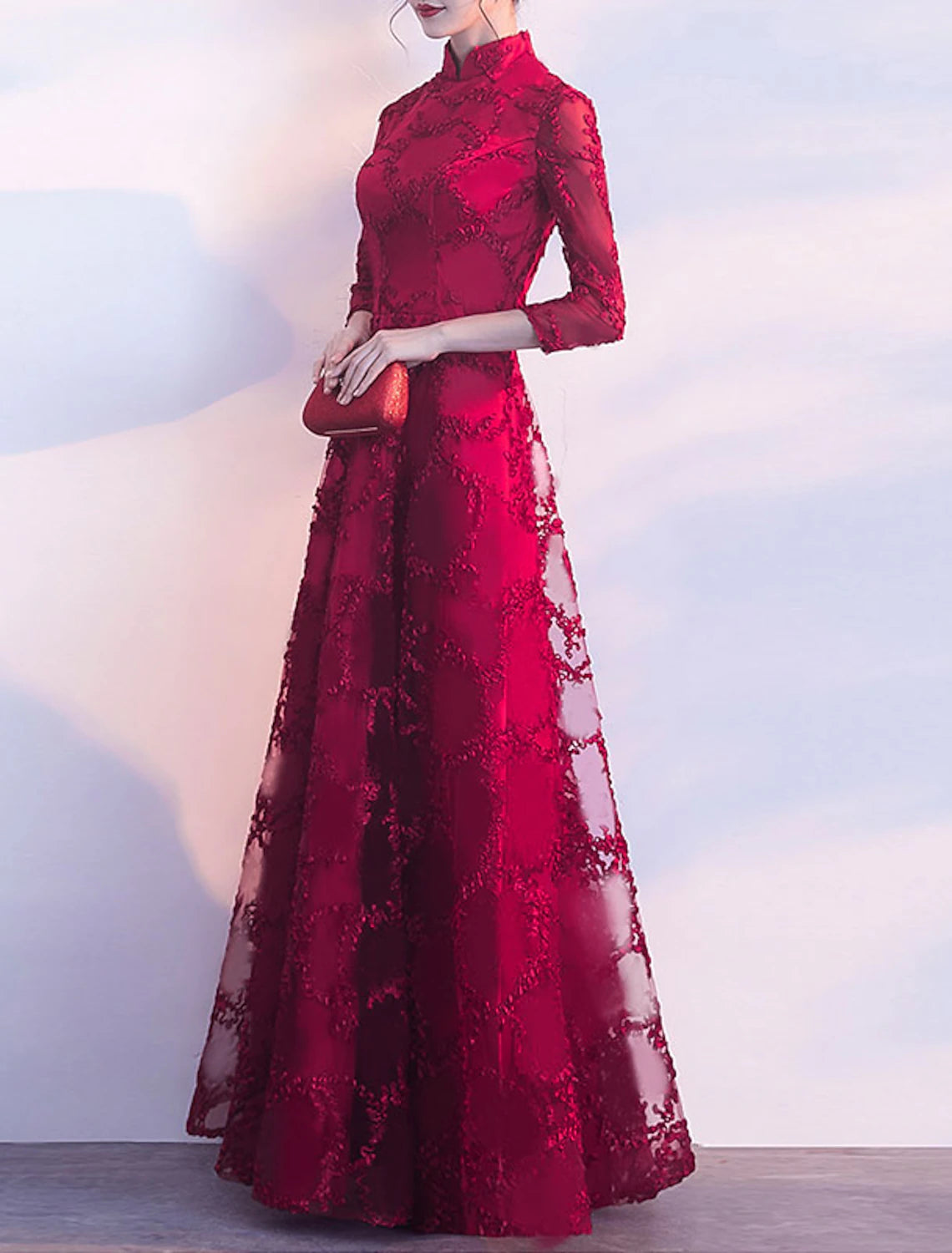 A-Line Chinese Style Vintage Prom Formal Evening Dress Stand Collar 3/4 Length Sleeve Floor Length Tulle with Pleats Appliques