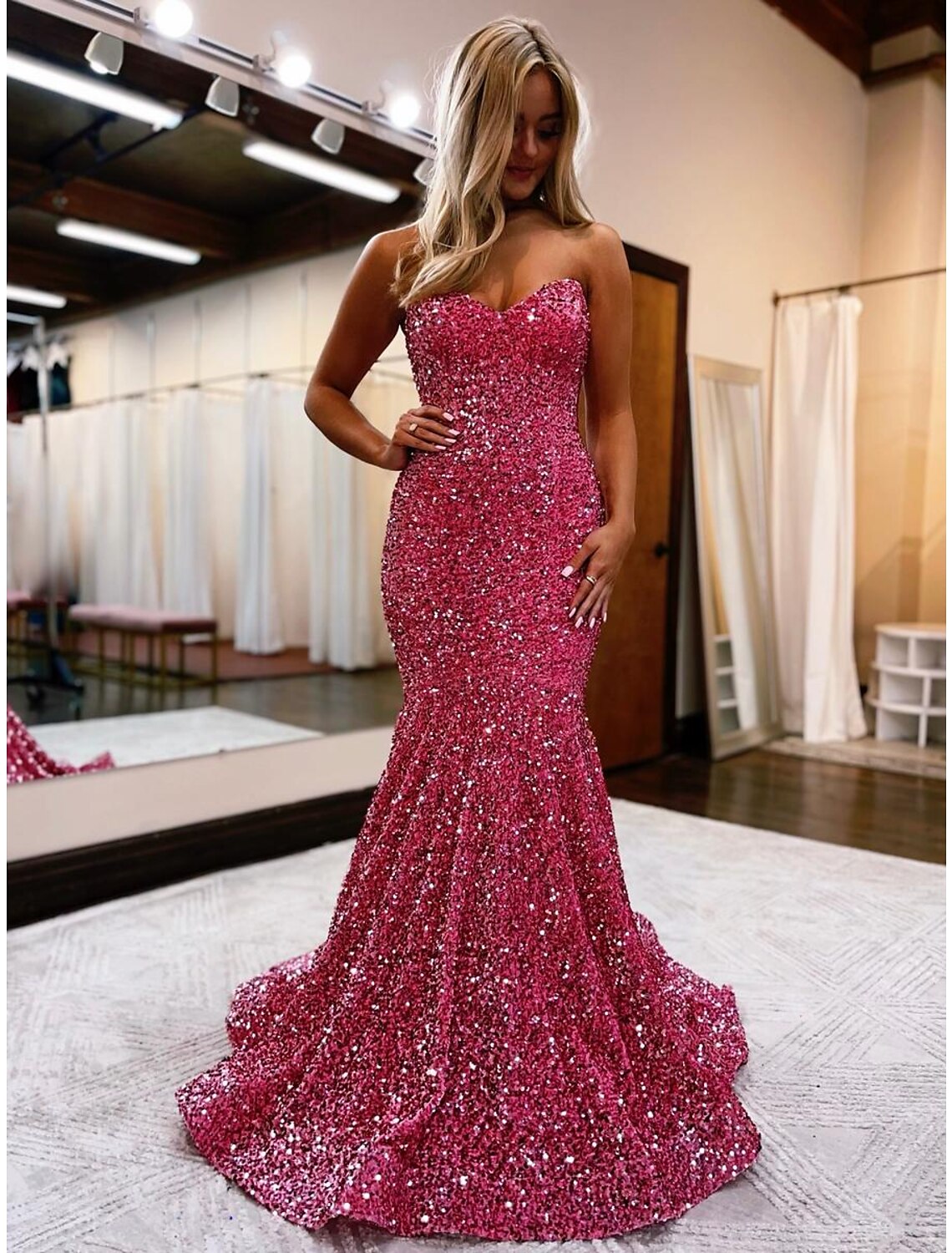 Vestidos de fiesta de sirena/trompeta con brillo y destellos, vestido formal para fiesta de bodas, cola larga/corta, sin mangas, escote corazón con lentejuelas y espalda descubierta con lentejuelas
