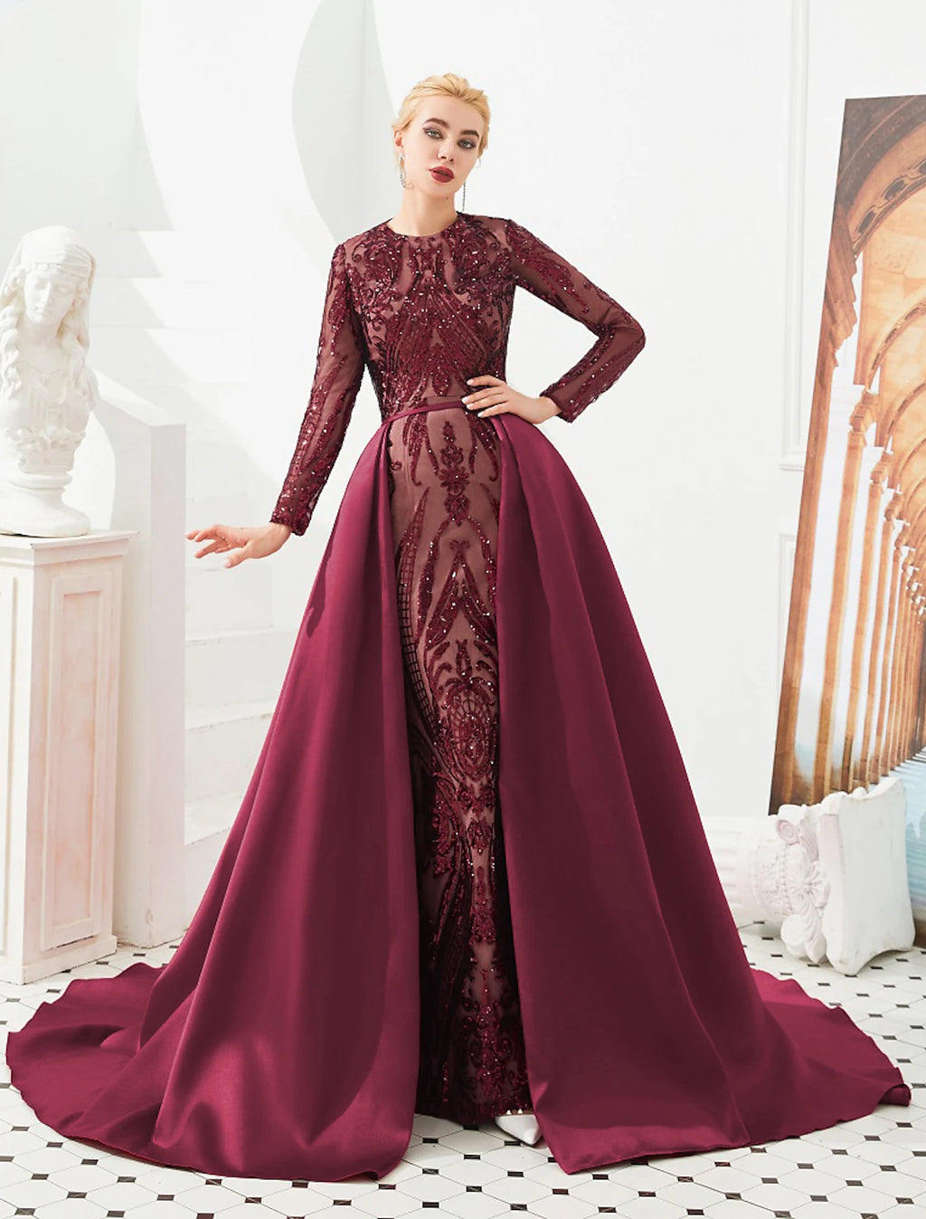 Vestido de fiesta de sirena, vestido de noche, vestido lujoso, vestido de carnaval, boda, invitado, cola de corte, manga larga, cuello joya, falda de satén desmontable con lentejuelas, estampado/estampado