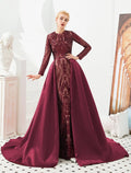 Vestido de fiesta de sirena, vestido de noche, vestido lujoso, vestido de carnaval, boda, invitado, cola de corte, manga larga, cuello joya, falda de satén desmontable con lentejuelas, estampado/estampado