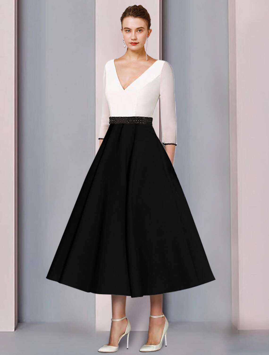 Abito da cerimonia per la madre della sposa, a trapezio, elegante, con scollo a V, lunghezza tè, in chiffon e raso, a maniche corte, con fascia/nastro, a blocchi di colore