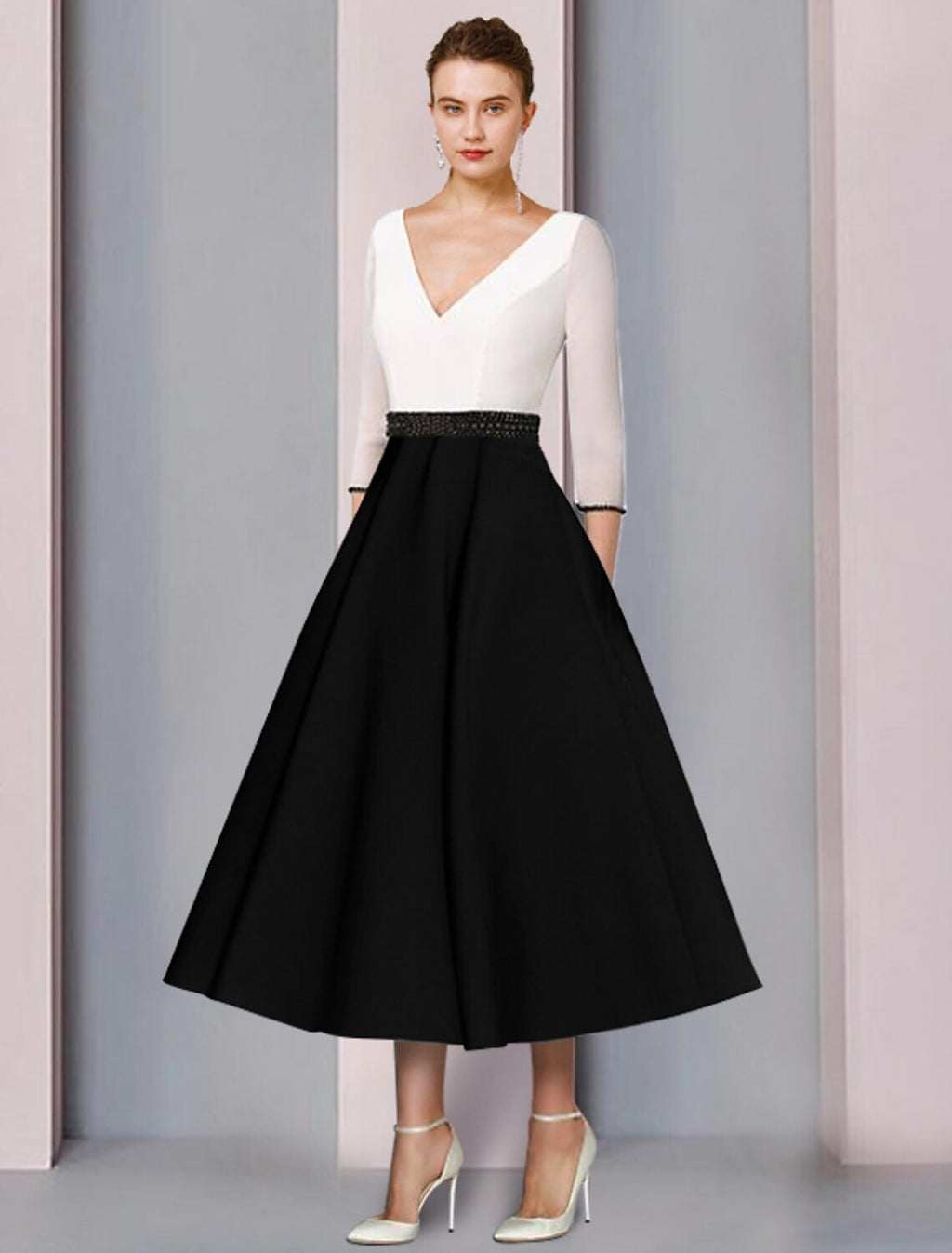 Vestido de Madre de la Novia de Corte A para Invitadas de Boda, Elegante, Escote en V, Largo hasta la rodilla, Gasa, Satén, Manga Corta, con Faja/Cinta, Bloque de Color