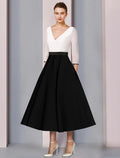 Vestido de Madre de la Novia de Corte A para Invitadas de Boda, Elegante, Escote en V, Largo hasta la rodilla, Gasa, Satén, Manga Corta, con Faja/Cinta, Bloque de Color