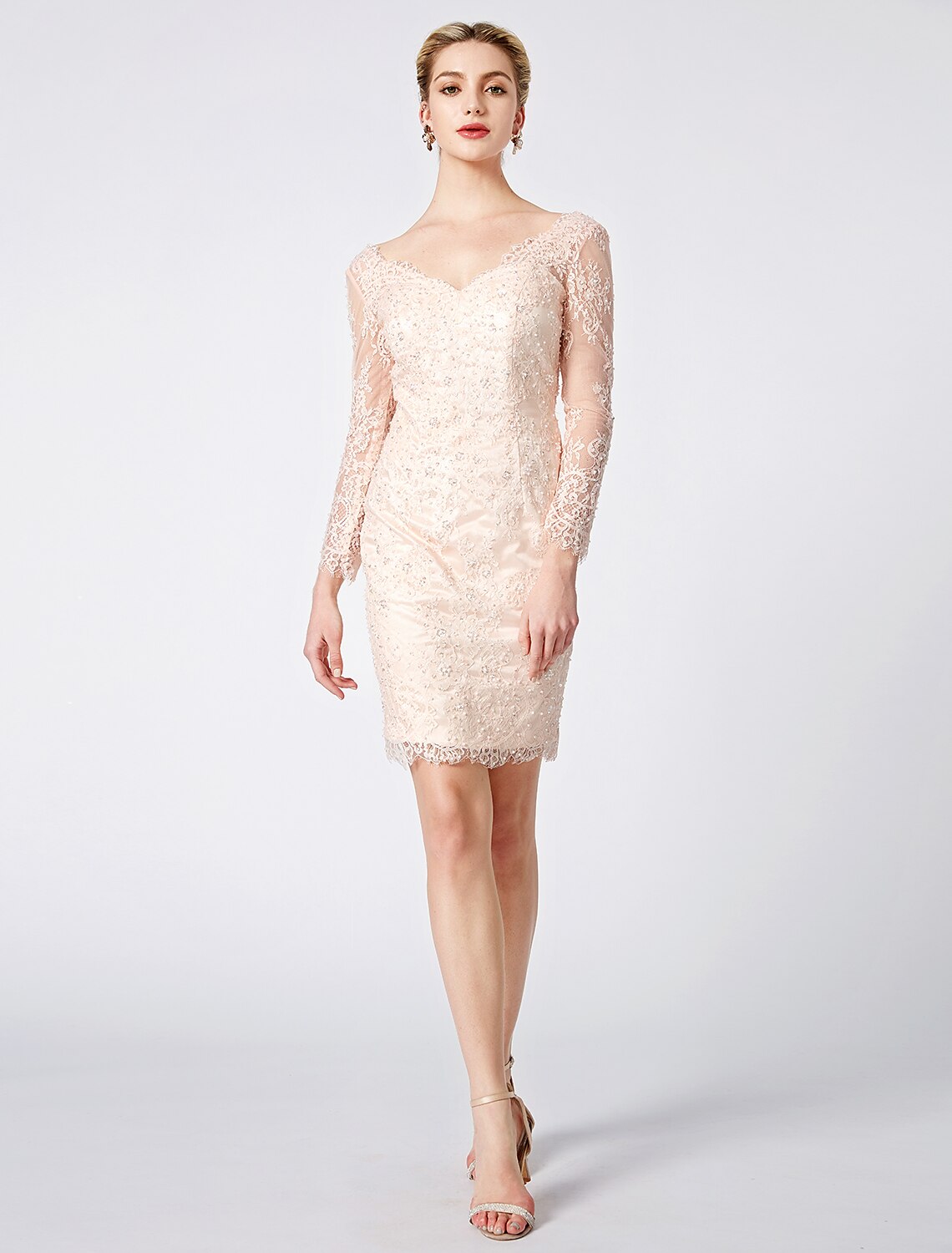 Blushing Pink A-Line Bridesmaid Dress with Lace Bodice & Long Sheer Sleeves