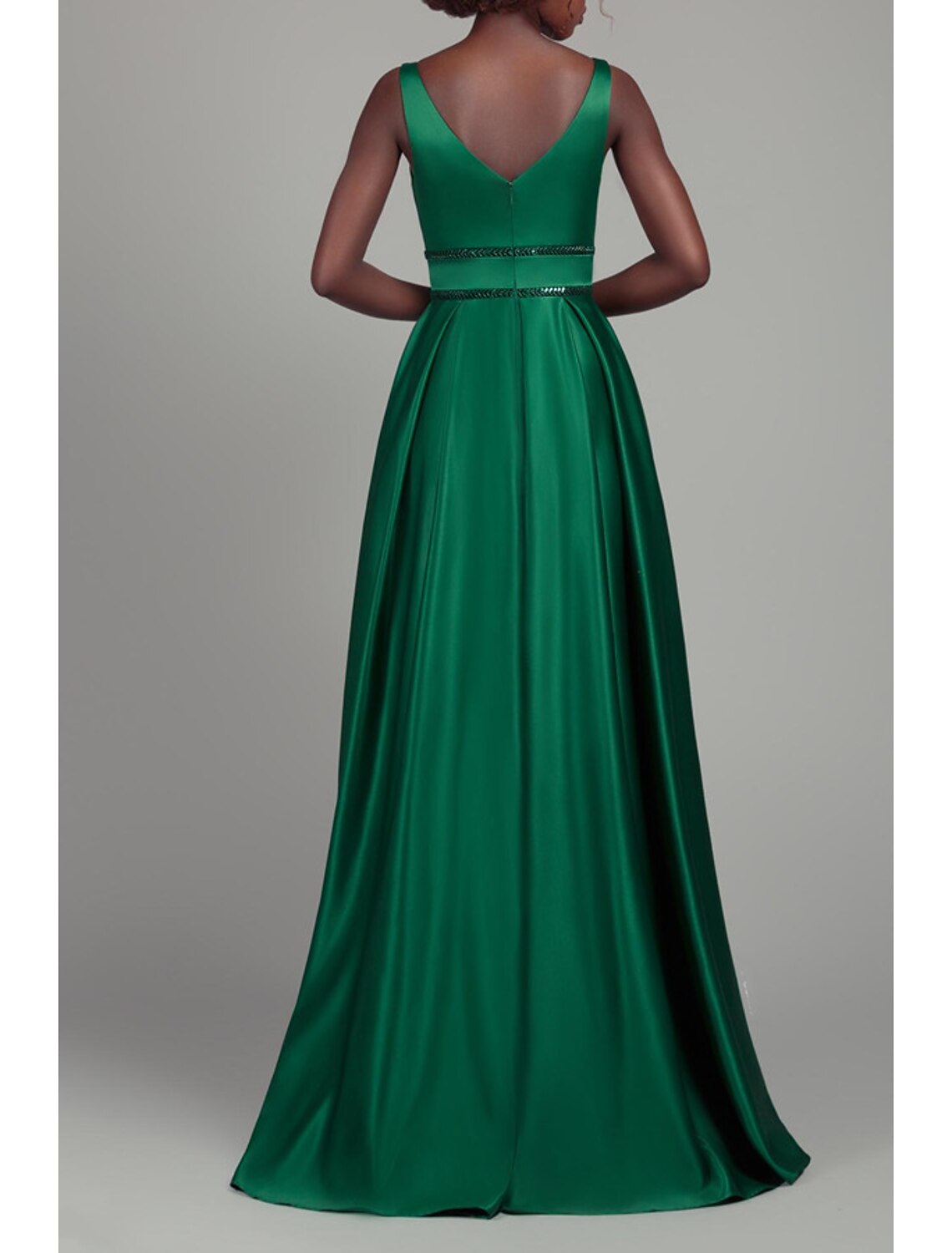 Emerald Satin V-Neck A-Line Floor-Length Gown with Embellished Waist
