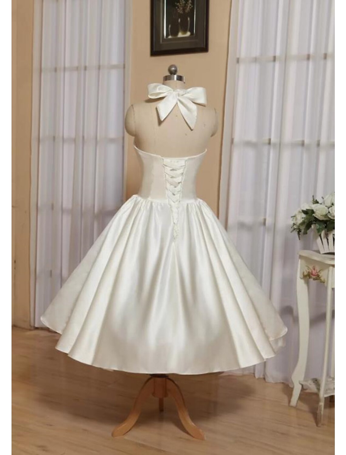 Ivory Satin A-Line Knee-Length Dress with Sweetheart Neckline and Tie Back