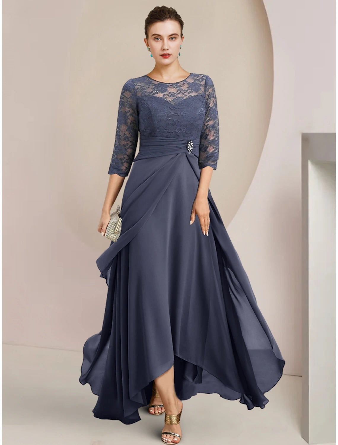 Dusty Blue A-Line Floor-Length Bridesmaid Dress with Lace Bodice & Boat Neck