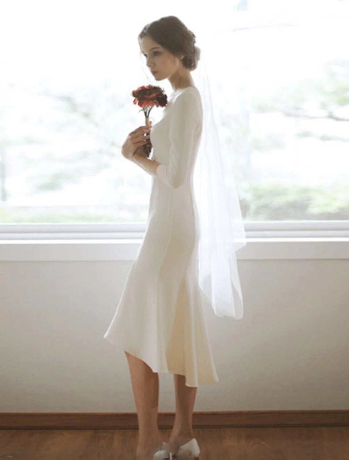 Ivory Crepe Trumpet Tea-Length Dress with V-Neck and 3/4 Sleeves