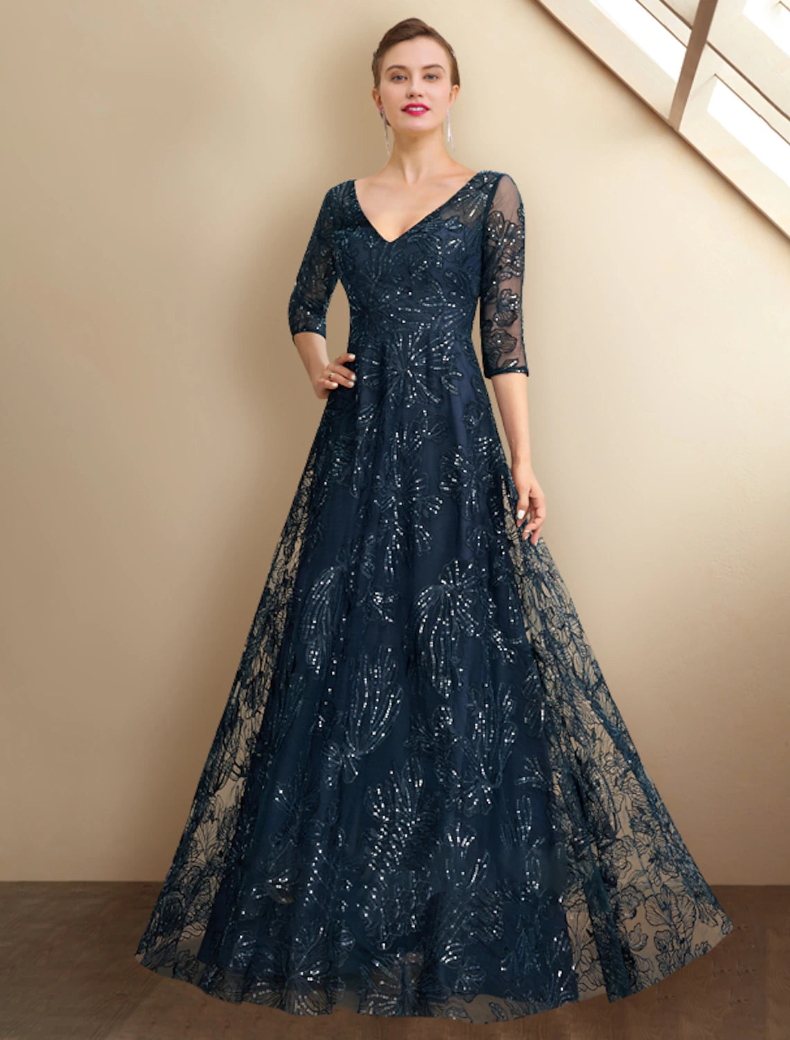 Dark Navy Sequin & Embroidered Mesh A-Line Floor-Length Evening Dress