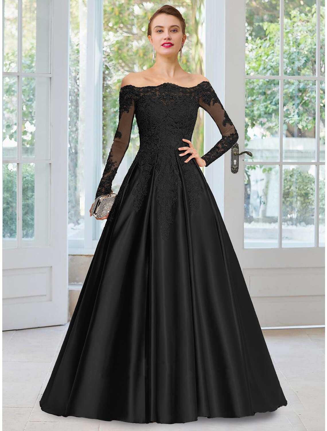 Black Lace Off-the-Shoulder A-Line Floor-Length Prom & Evening Gown