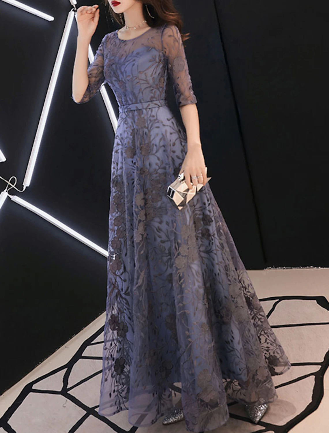 Abito da sera a trapezio, abito floreale, abito da cerimonia per invitati a nozze, lunghezza al pavimento, mezza manica, scollo gioiello, tulle con motivo ricamato/stampa 2025