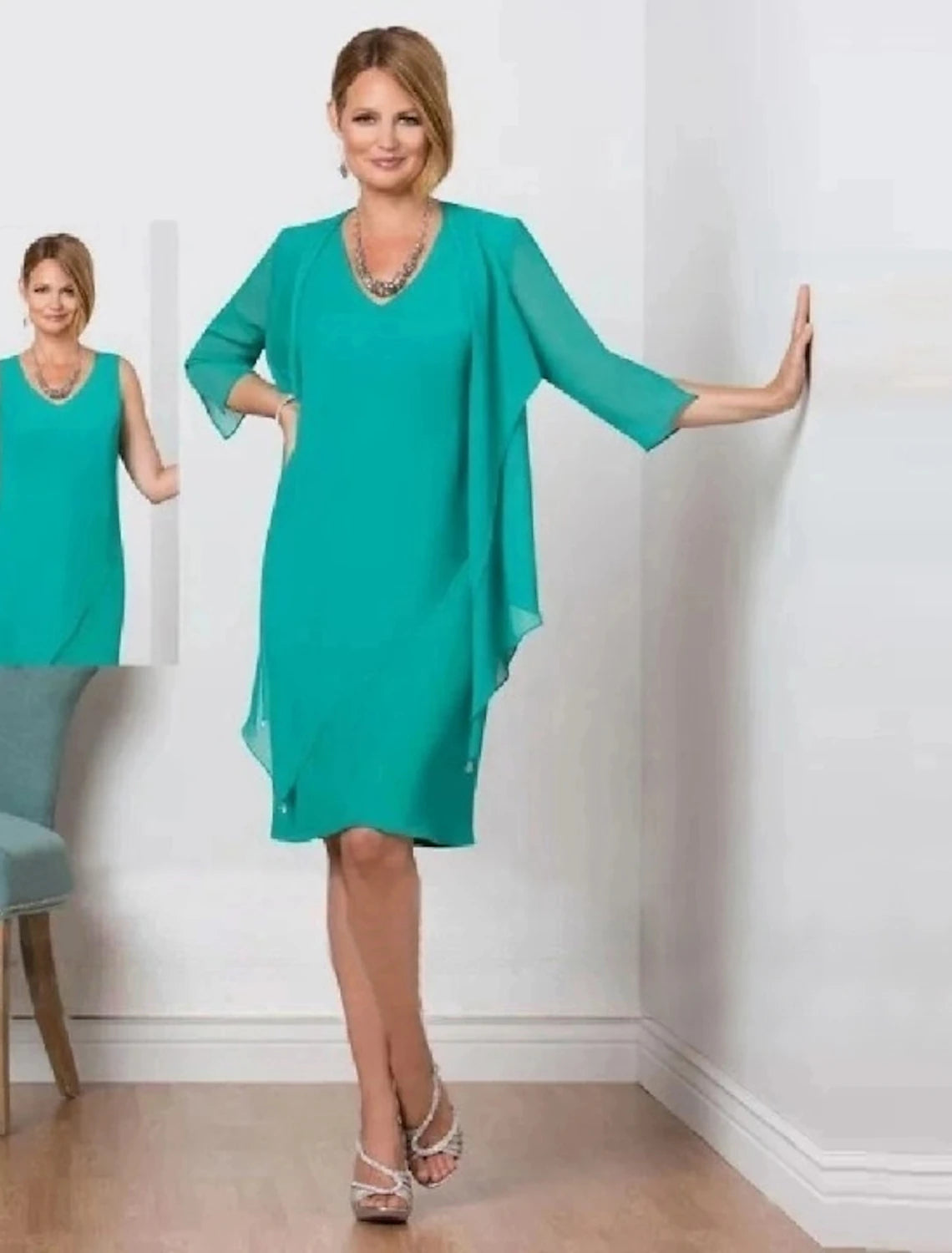 Abito da cerimonia per la madre della sposa in due pezzi, elegante, semplice, con scollo a V, lunghezza al ginocchio, in chiffon, manica a 3/4, tinta unita