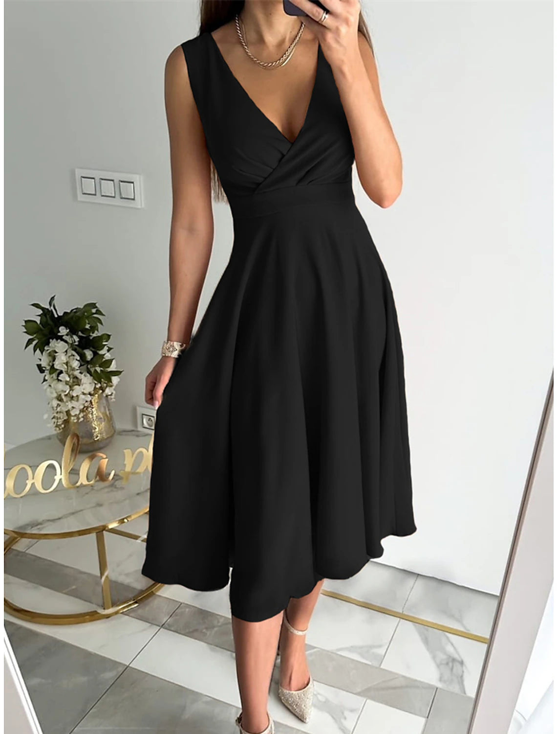 Women's Party Dress New Year's Eve Dress Homecoming Dress Cocktail Dress Midi Dress Light Pink Black Red Sleeveless Ruched Summer Spring V Neck Birthday