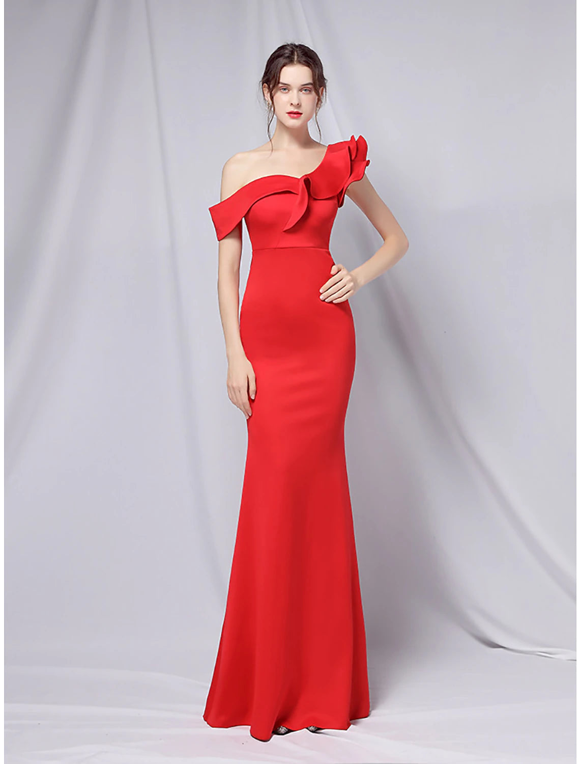 Mermaid Party Dress Evening Gown Empire Dress Wedding Guest Formal Evening Floor Length Short Sleeve One Shoulder  Satin with Ruffles