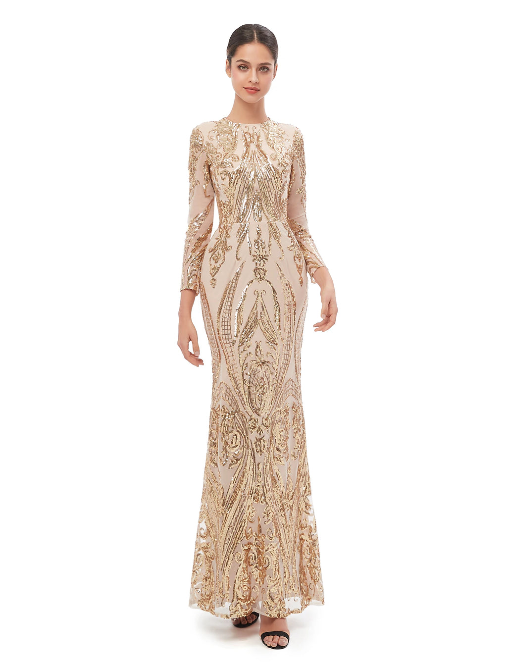 Vestido de noche formal elegante estilo sirena/trompeta, estilo vintage, con escote joya, manga larga y lentejuelas desmontables.